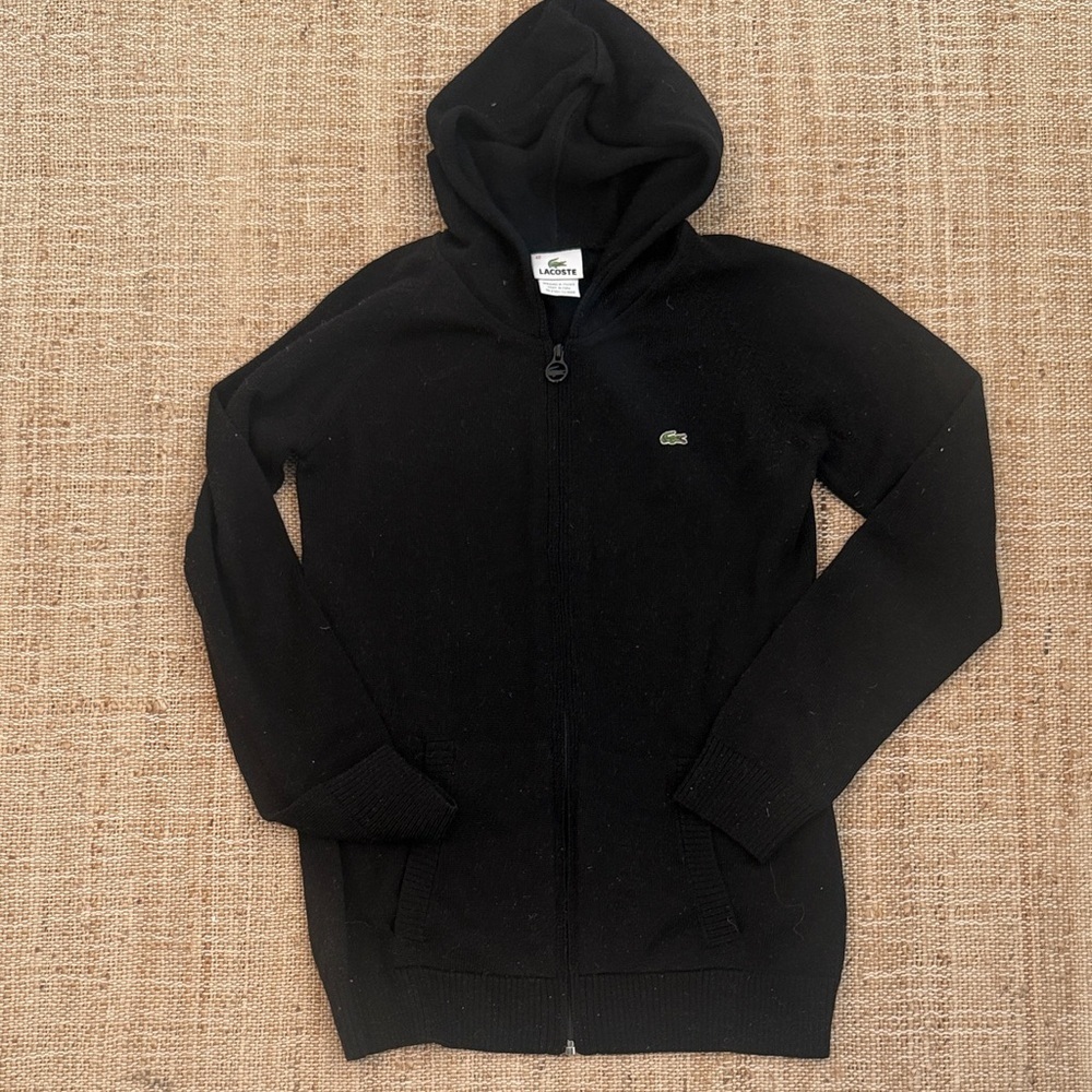 Lacoste Black Wool Hooded Zip-Up Sweater with Green Crocodile Logo size 42